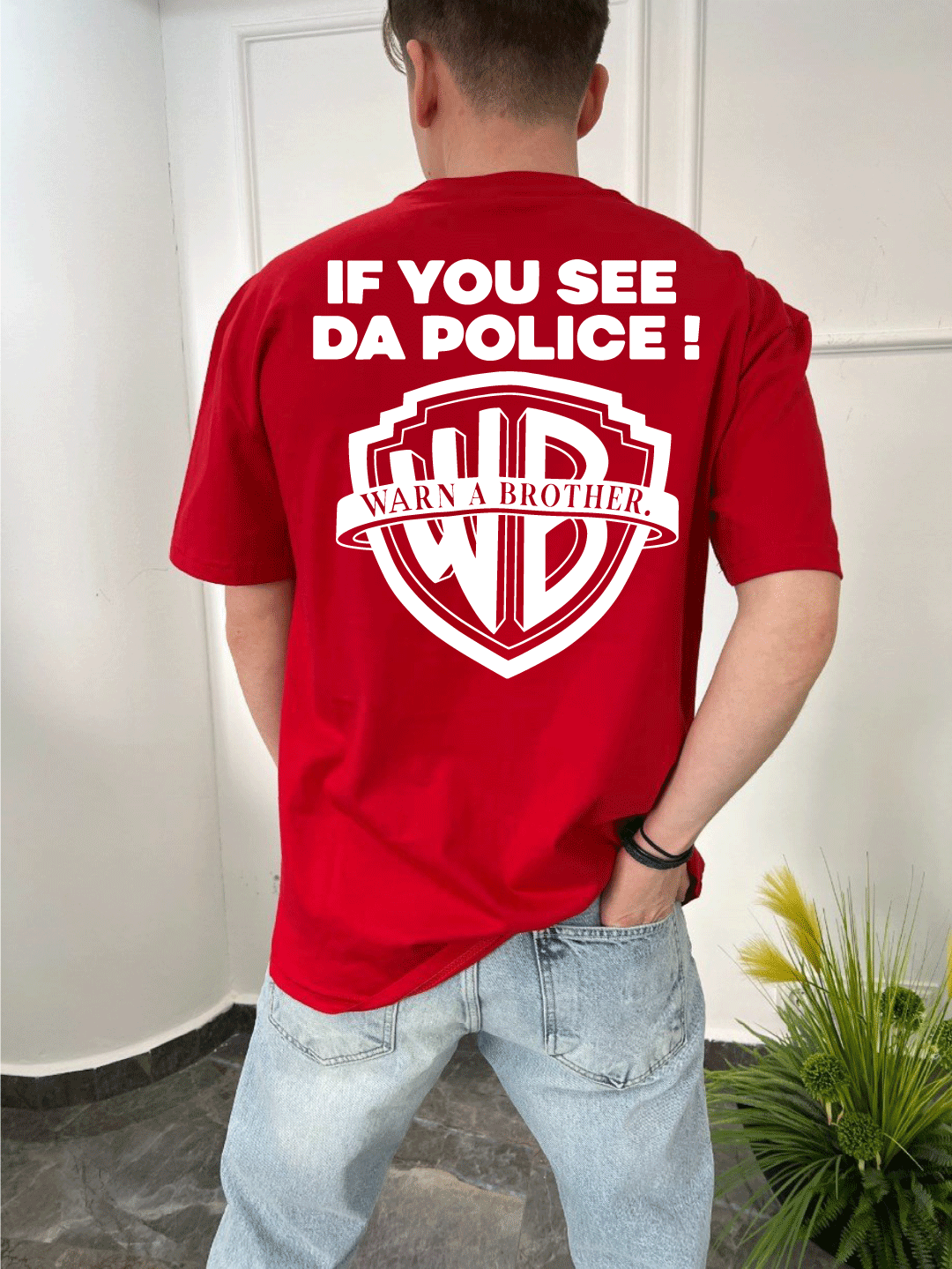 Red -Police- Printed Oversize T-Shirt