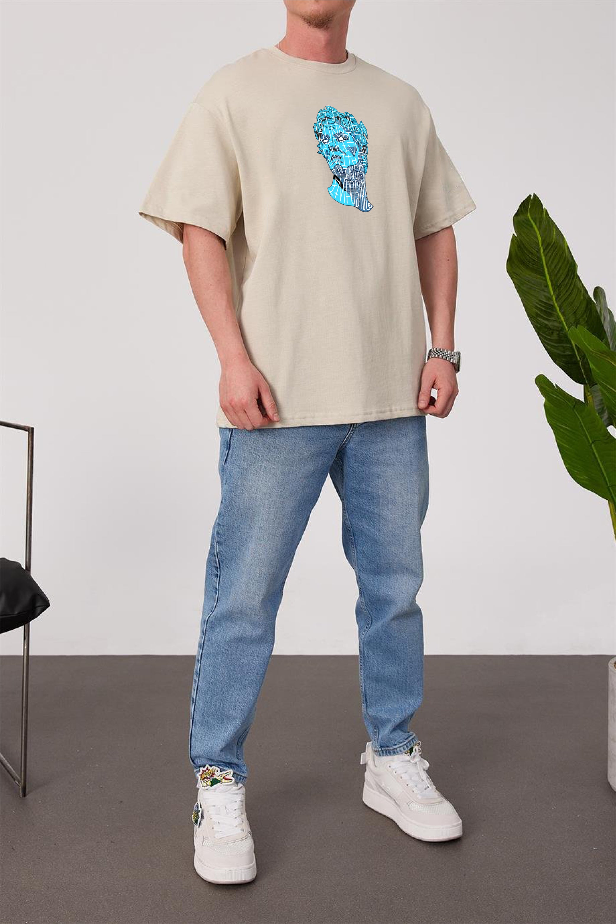 Beige -Sculpture- Printed Oversize T-Shirt