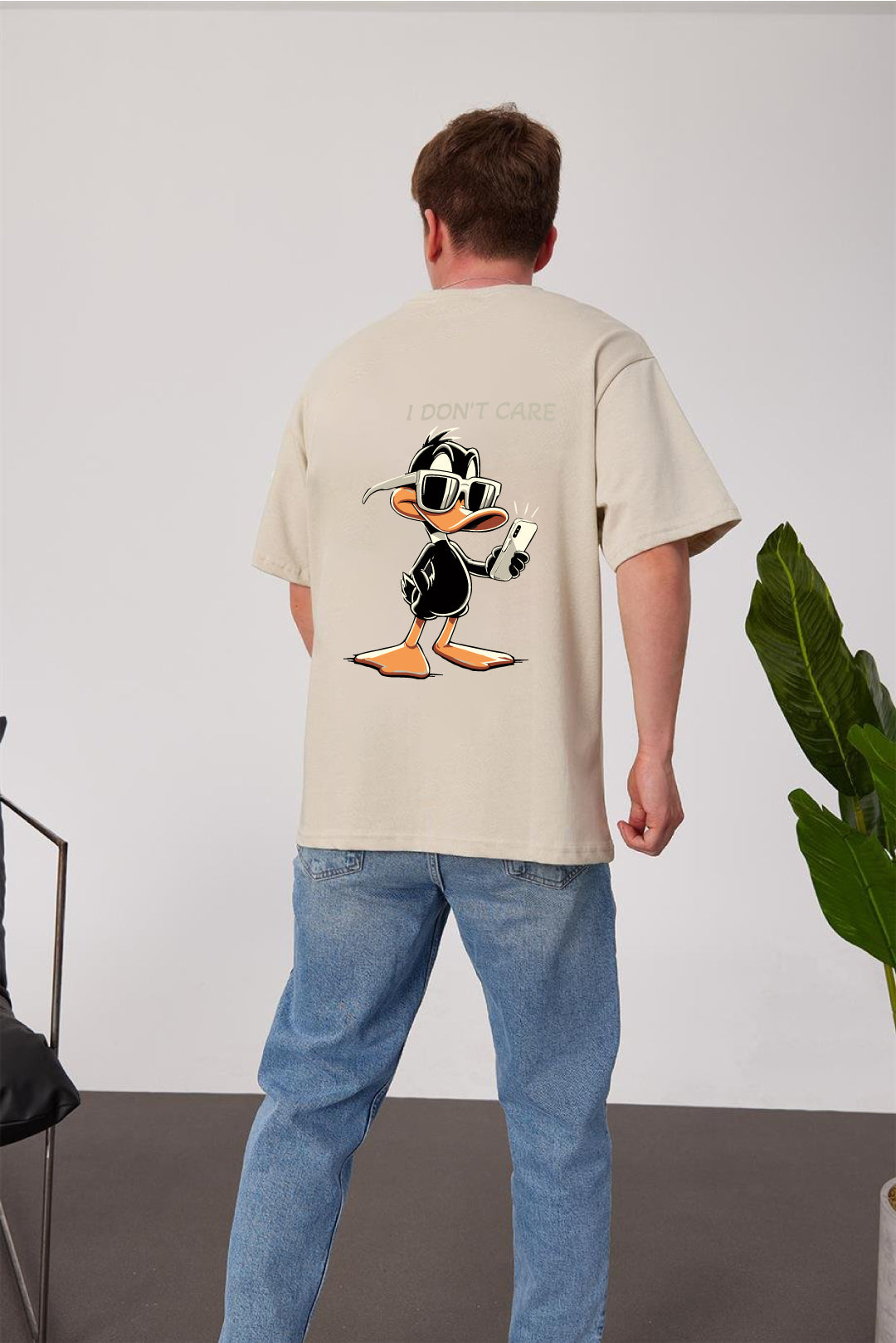 Beige -I Don't Care- Printed Oversize T-Shirt
