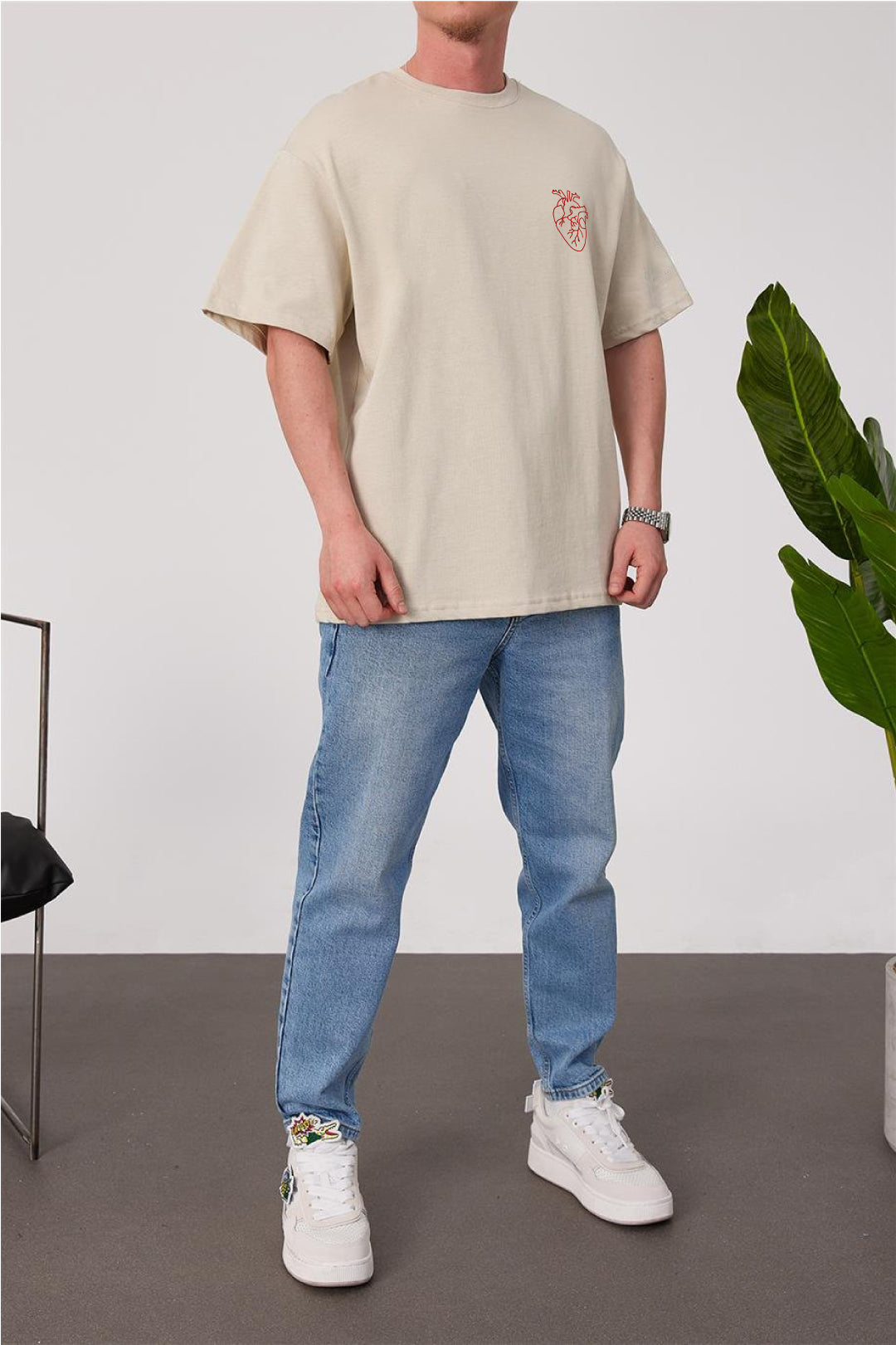 Beige -Heart- Printed Oversize T-Shirt