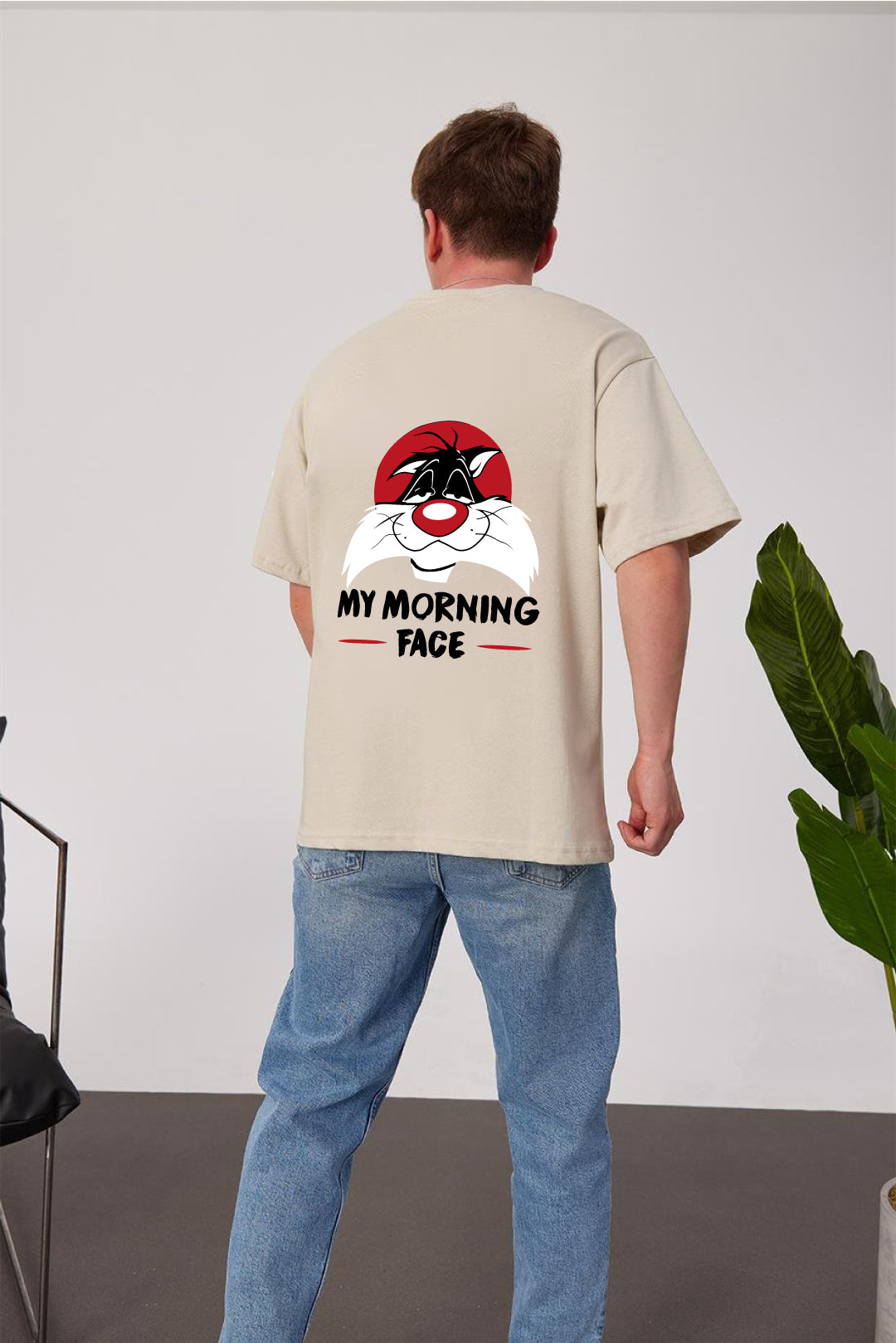 Beige -Morning Face- Printed Oversize T-Shirt