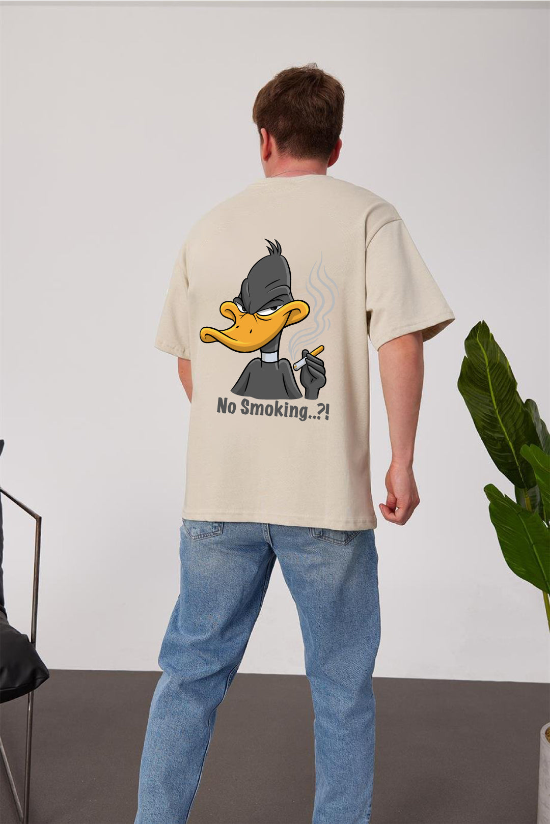 Beige -No Smoking- Printed Oversize T-Shirt