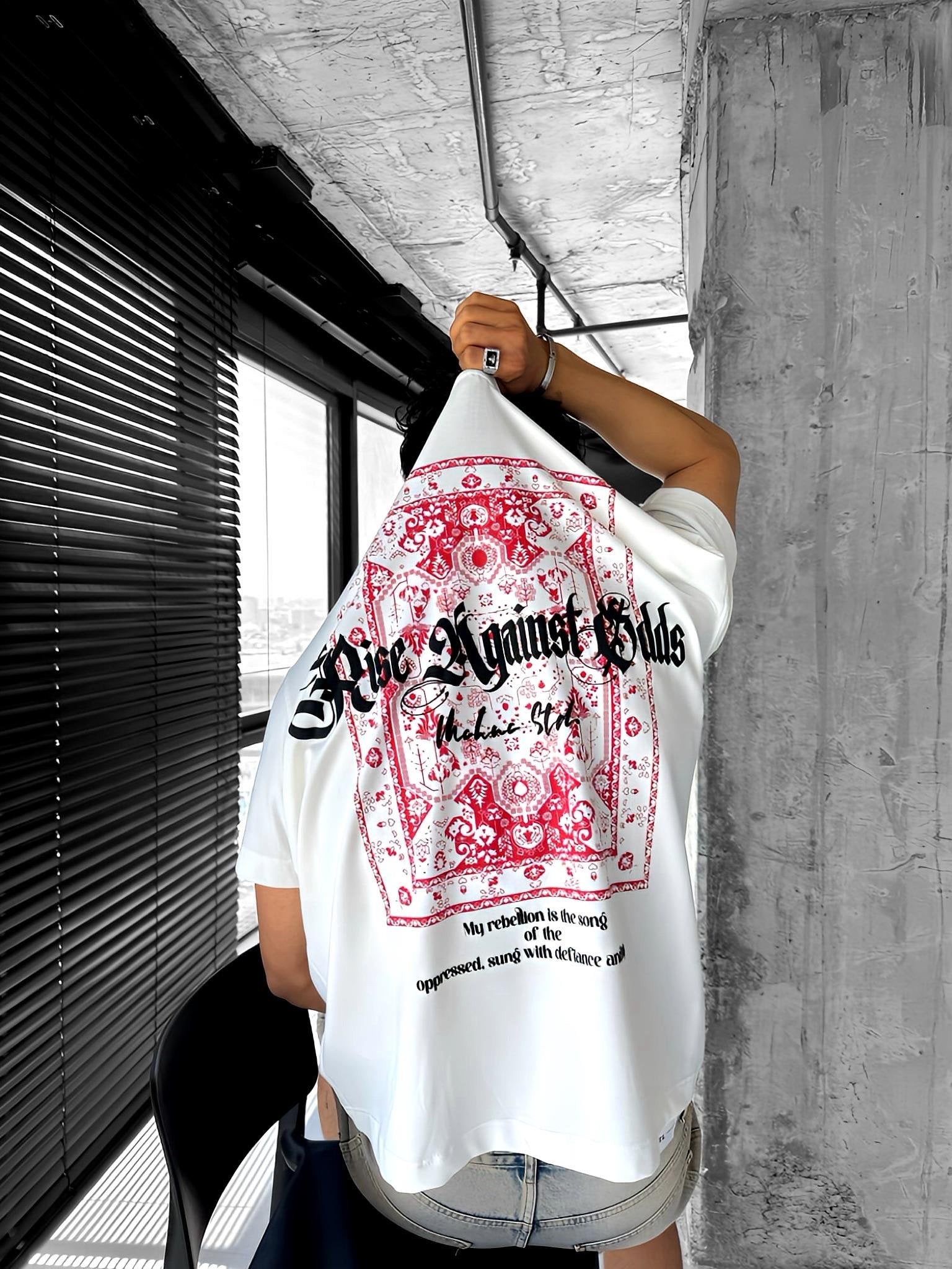 White - Red Carpet Pattern- Printed Oversize T-Shirt