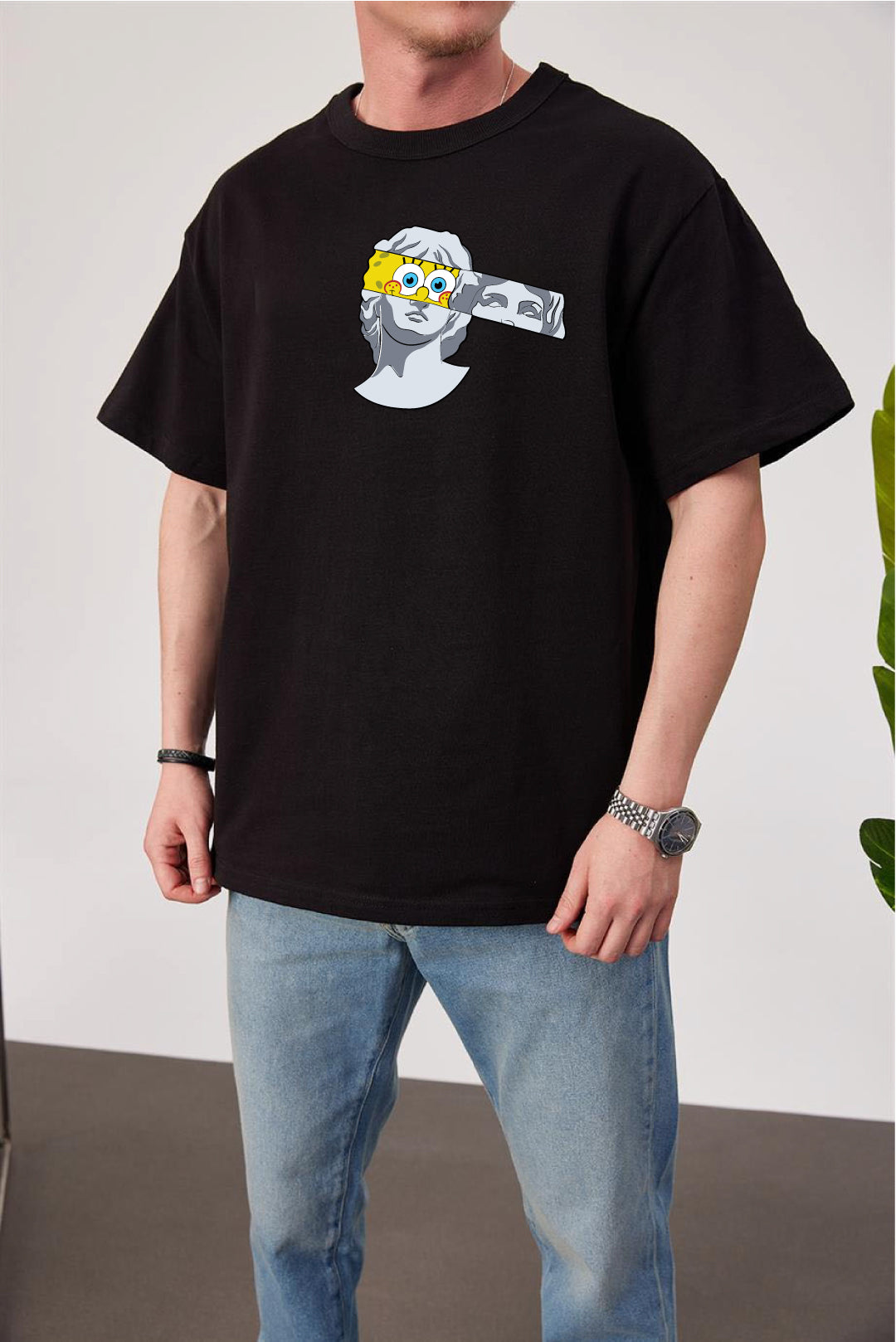 Black -Spongebob Sculpture- Printed Oversize T-Shirt