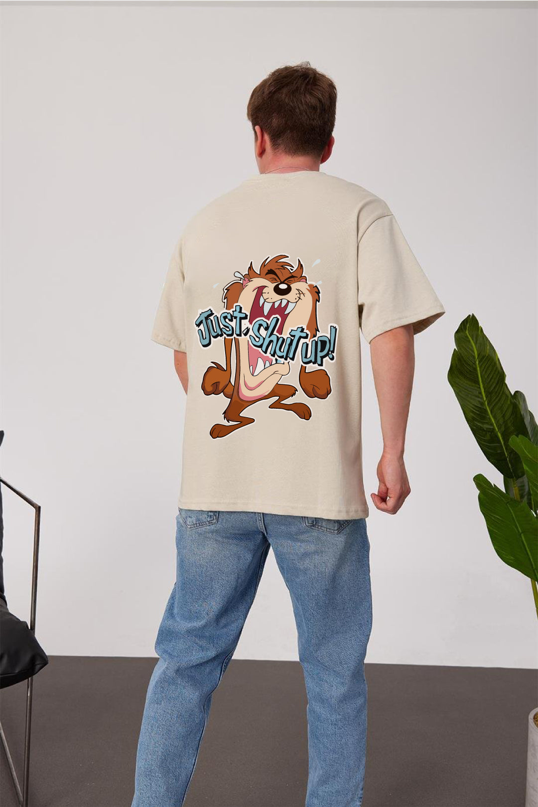 Beige -Just Shut Up- Printed Oversize T-Shirt