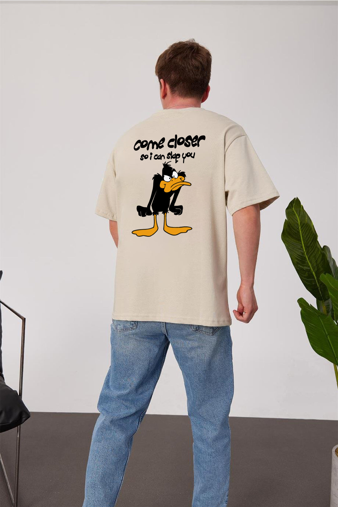 Beige -Slap- Printed Oversize T-Shirt