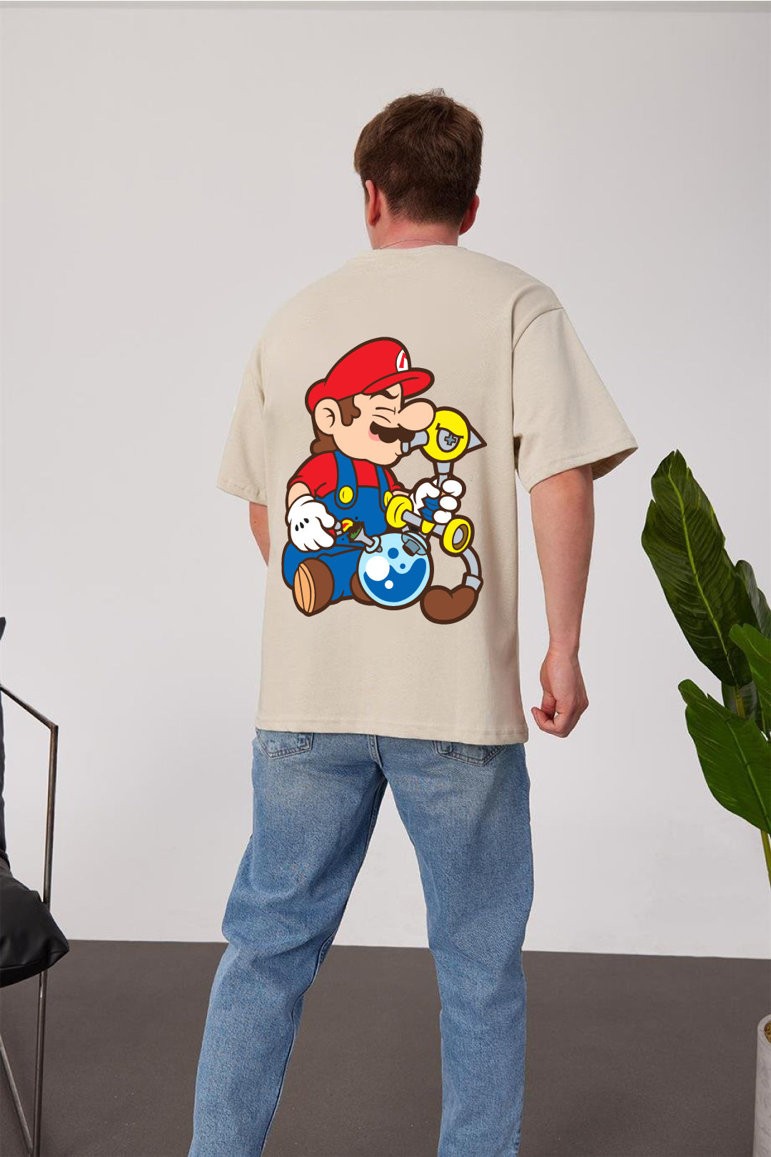 Beige -Mario Smoking- Printed Oversize T-Shirt