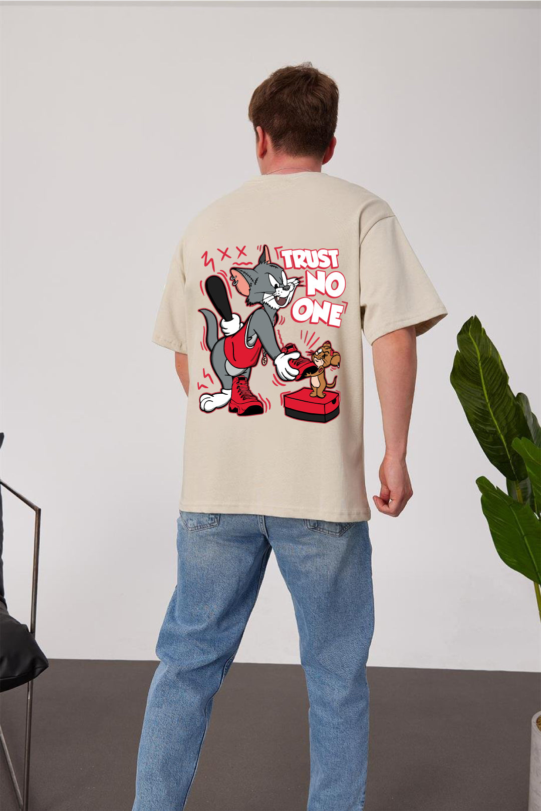 Beige -Trust No One- Printed Oversize T-Shirt