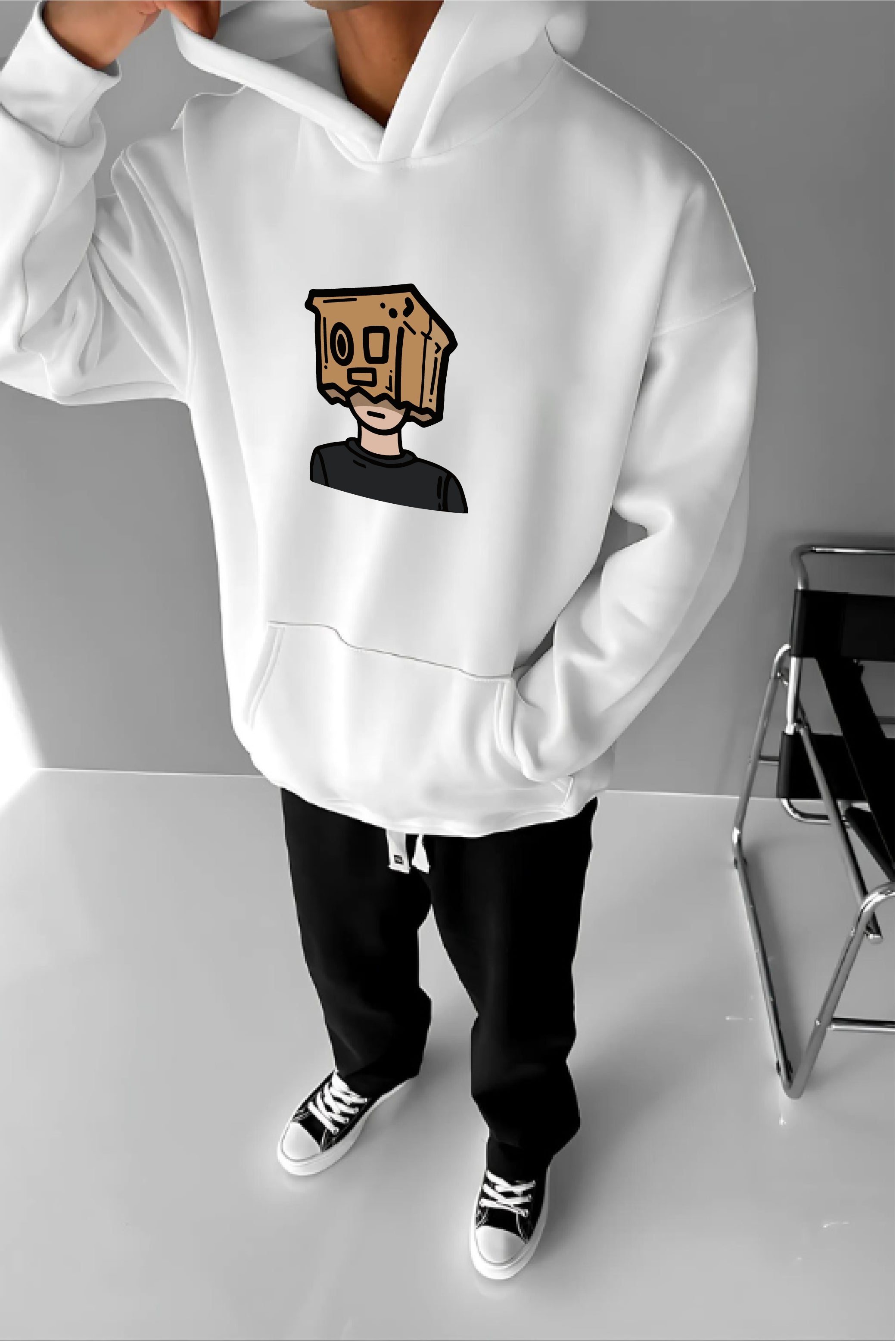 White -Overthinking- Printed Oversize Hoodie
