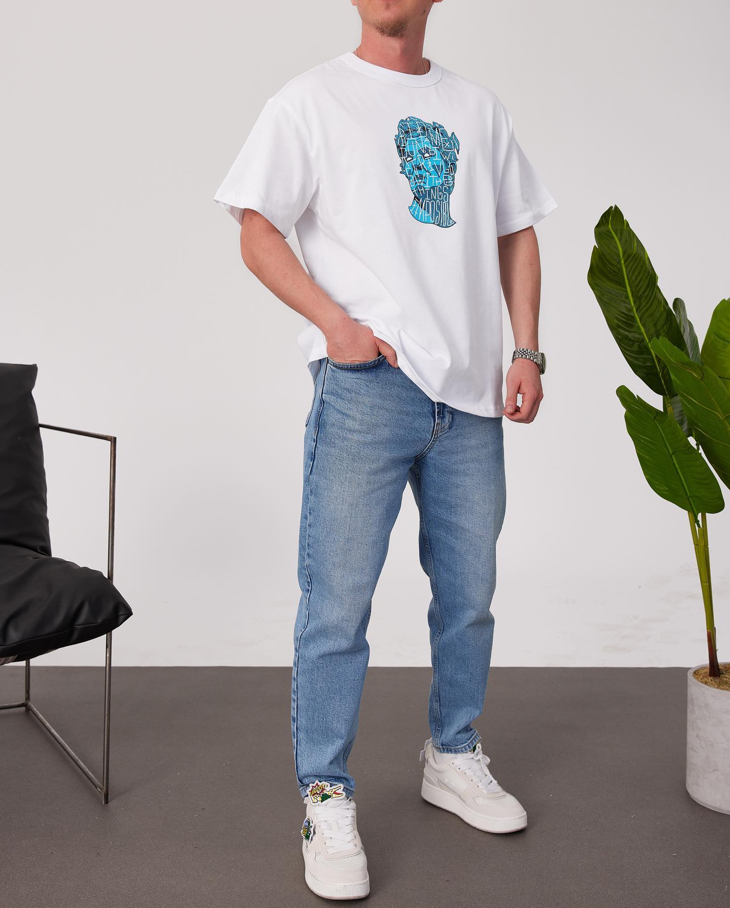 White -Sculpture- Printed Oversize T-Shirt