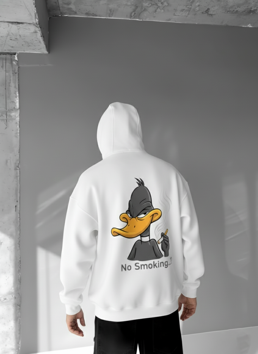 White-No Smoking- Printed Oversize Hoodie