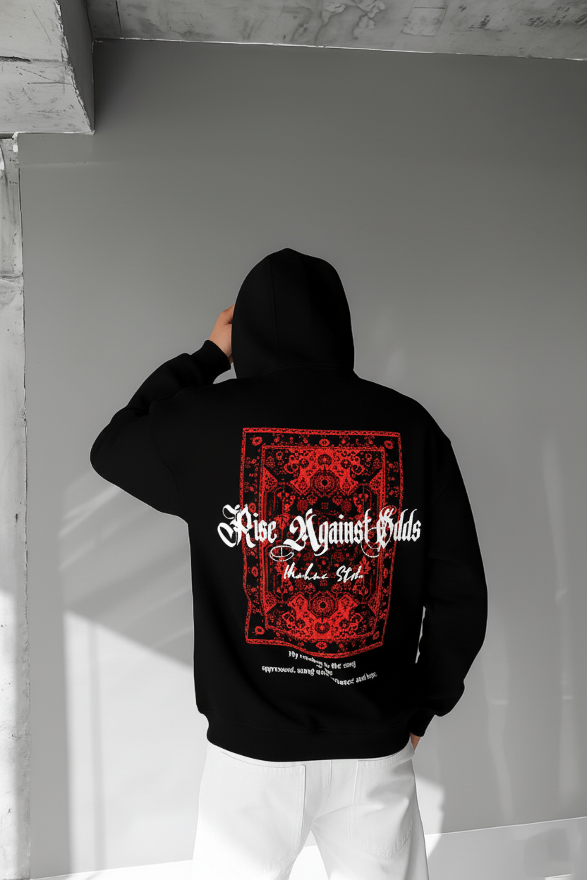 Black - Red Carpet Pattern- Printed Oversize Hoodie
