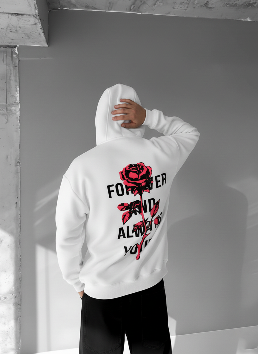 White -rose- Printed Oversize Hoodie