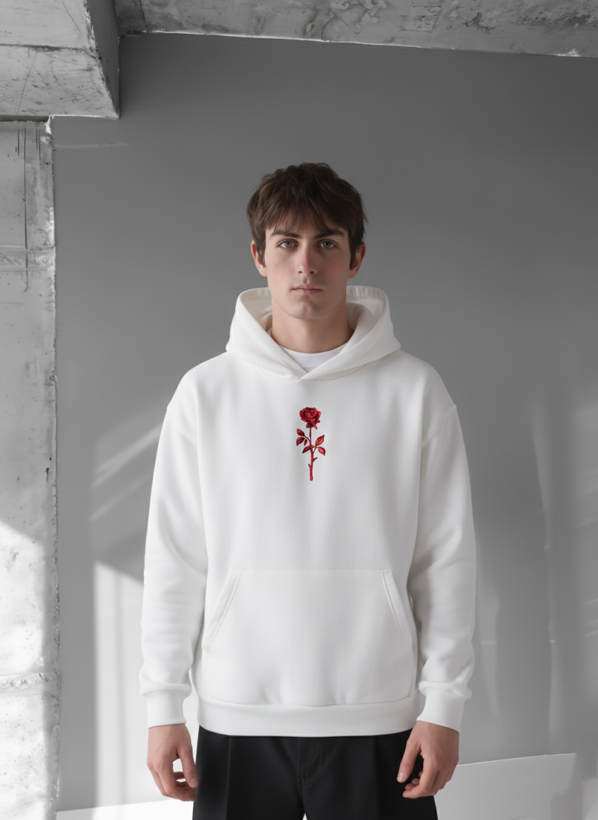 White -rose- Printed Oversize Hoodie