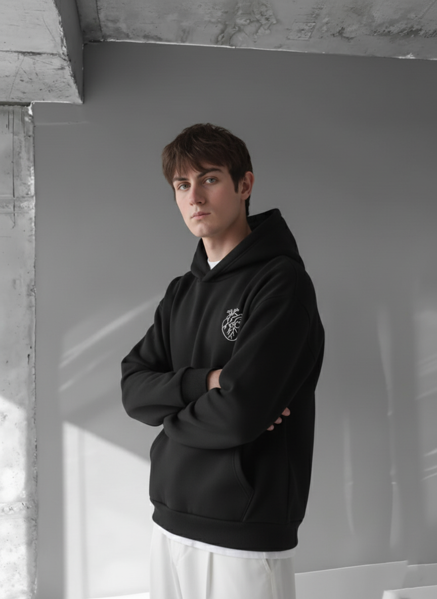 Black -heart- Printed Oversize Hoodie