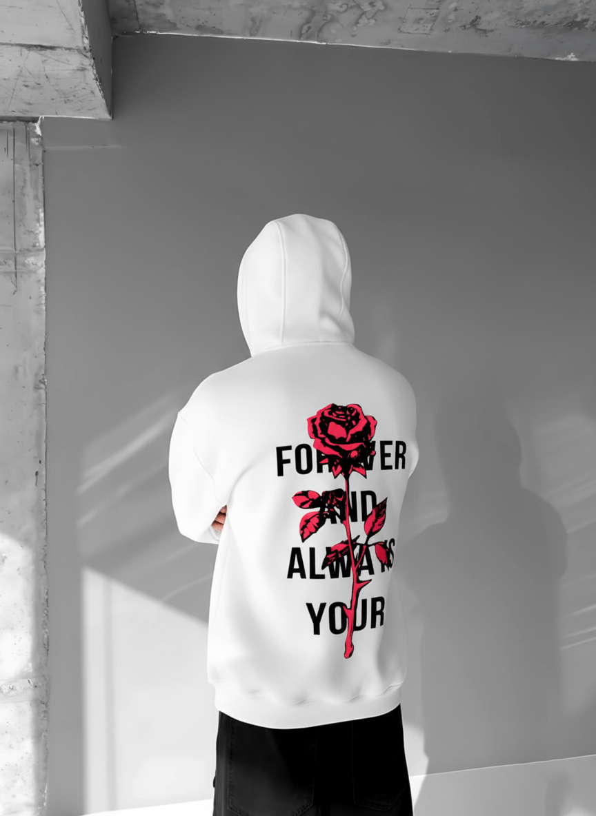 White -rose- Printed Oversize Hoodie