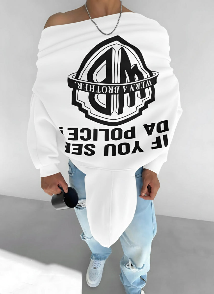 White -police- Printed Oversize Hoodie