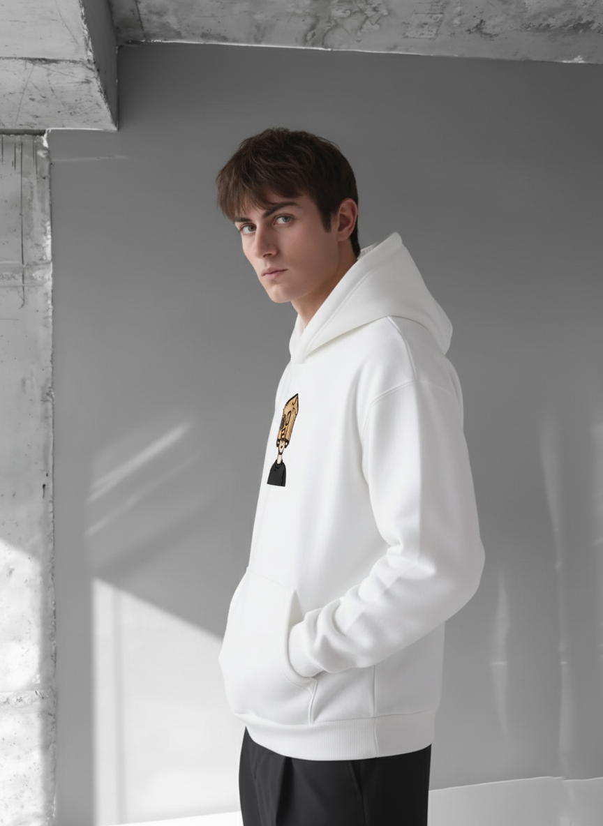 White -Overthinking- Printed Oversize Hoodie