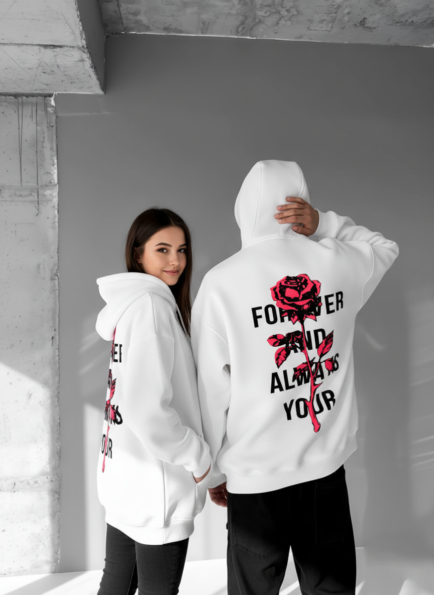 White -rose- Printed Oversize Hoodie