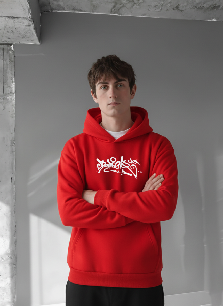 Red -Raised- Printed Oversize Hoodie