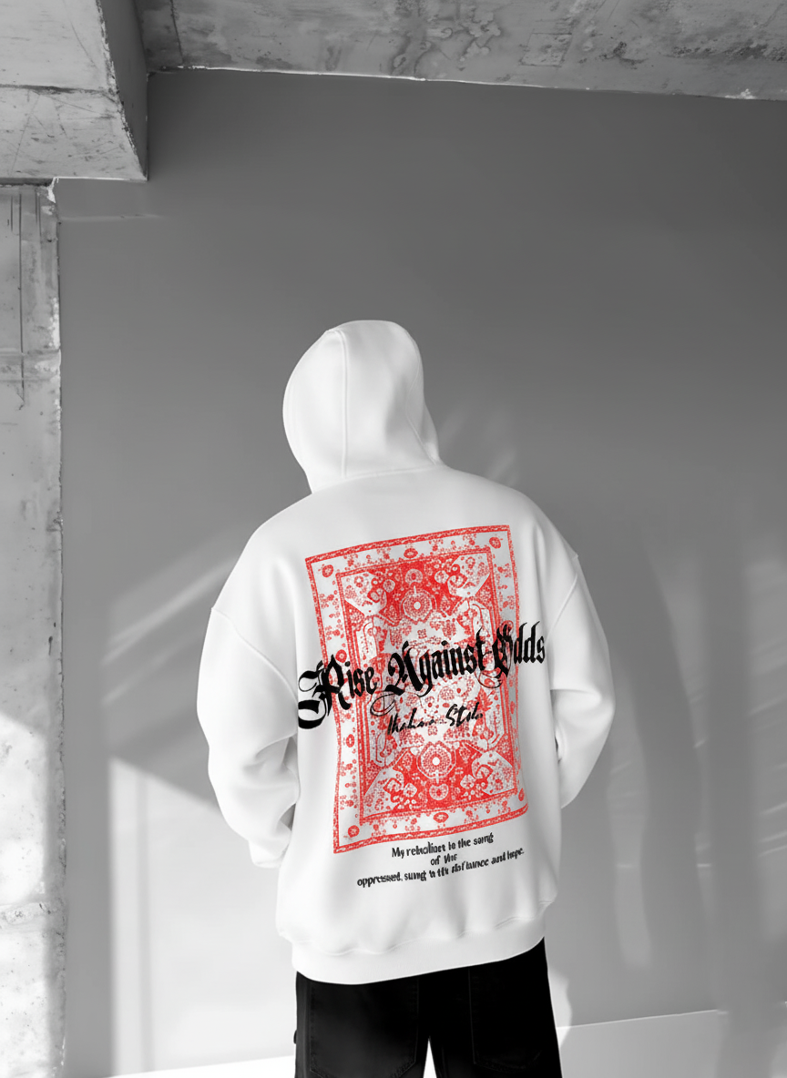 White- Red Carpet Pattern- Printed Oversize Hoodie
