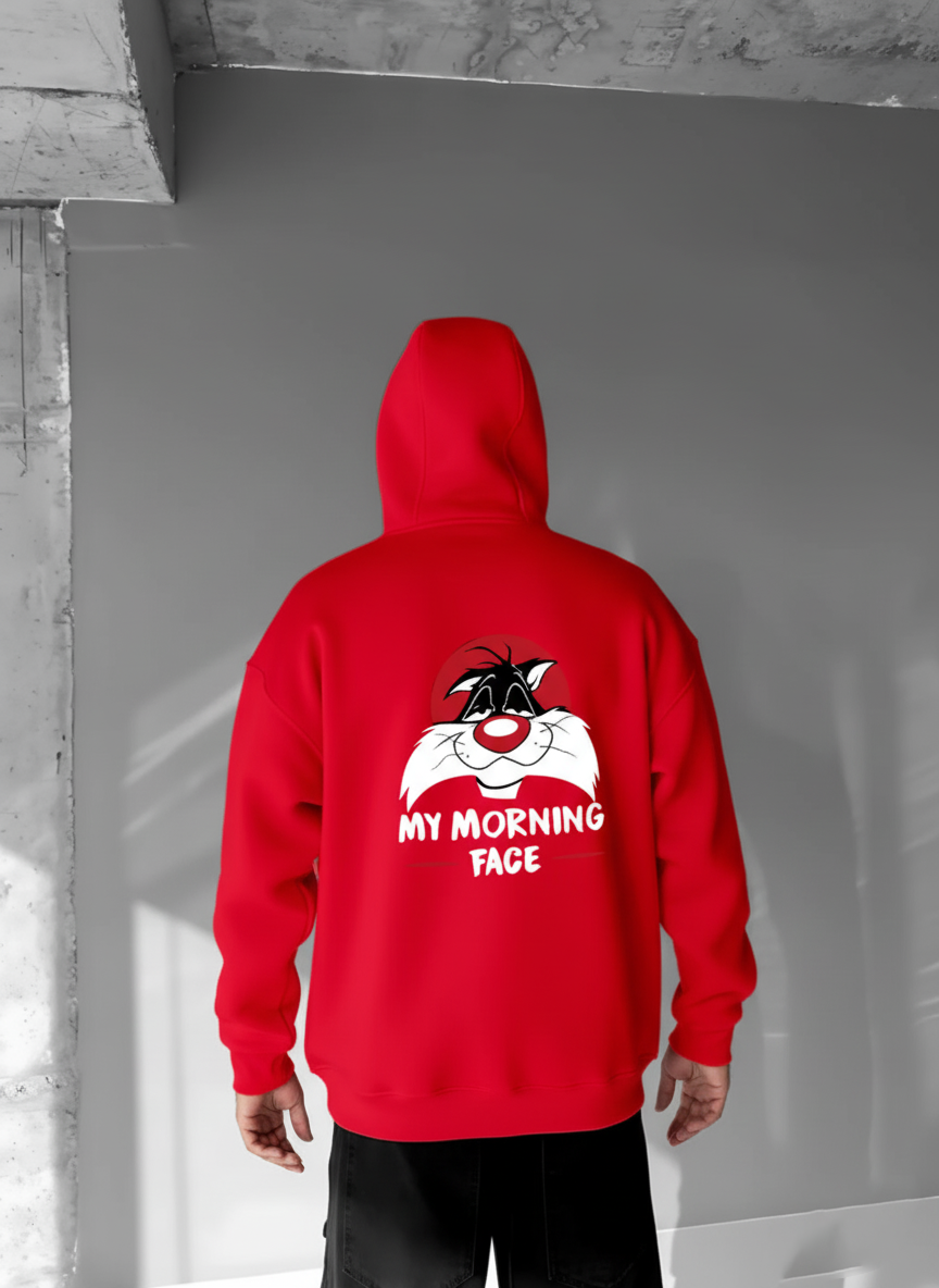 Red - Morning Face- Printed Oversize Hoodie
