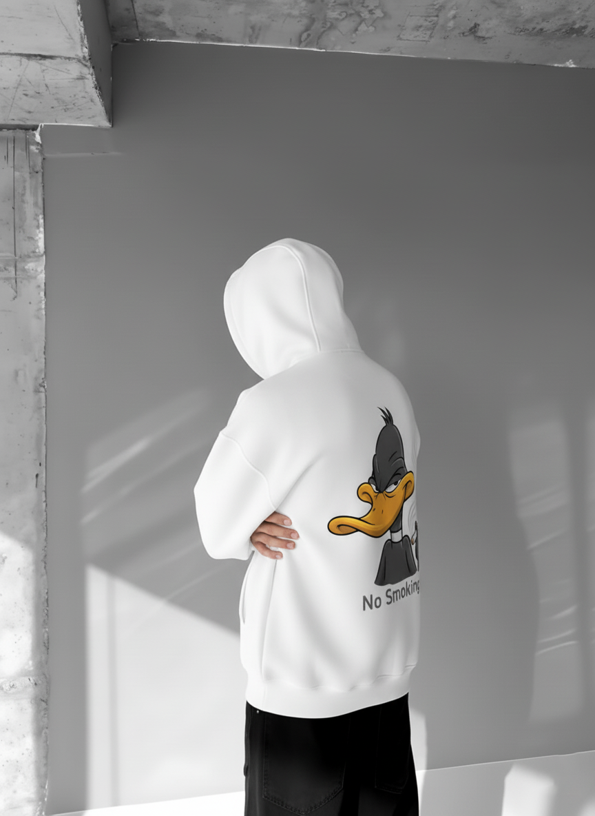 White-No Smoking- Printed Oversize Hoodie