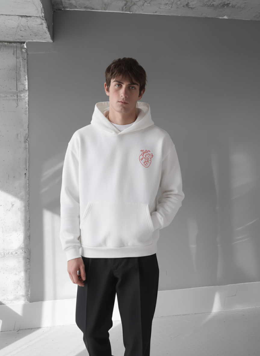 White -heart- Printed Oversize Hoodie