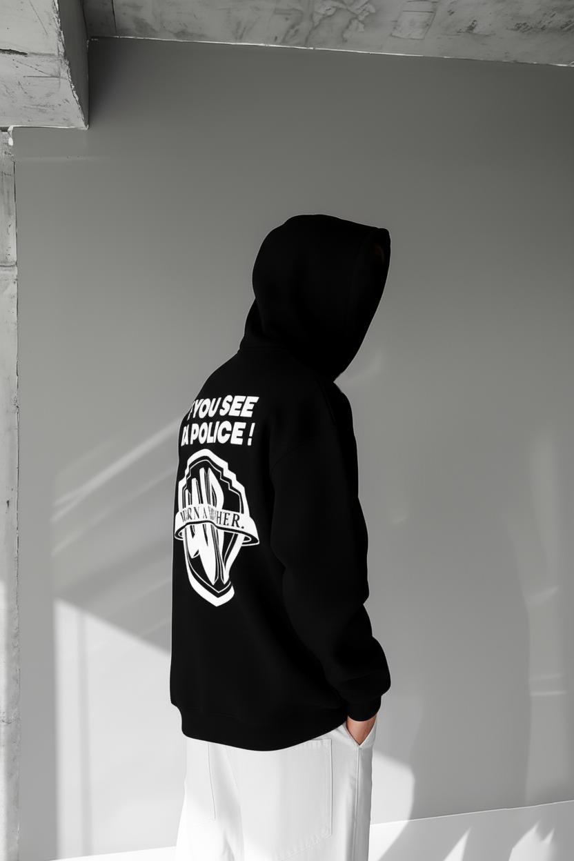 Black -police- Printed Oversize Hoodie