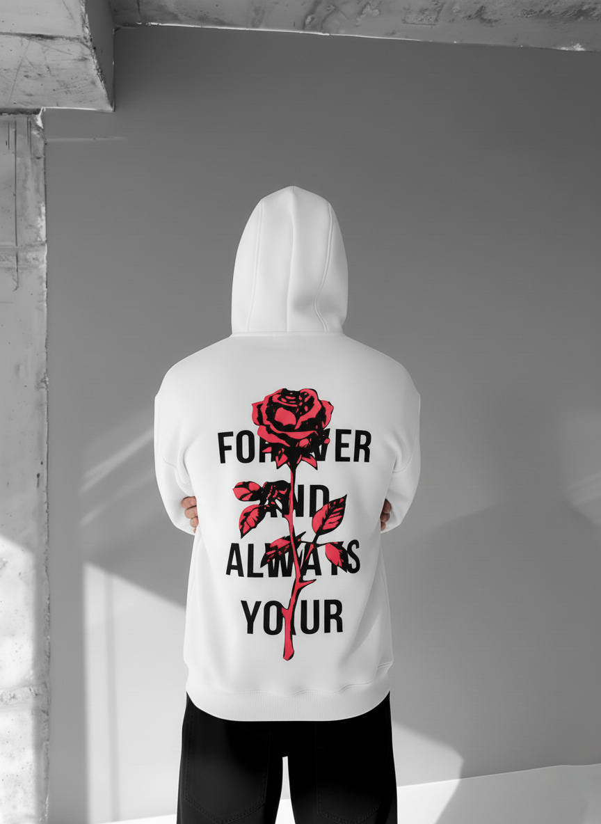 White -rose- Printed Oversize Hoodie