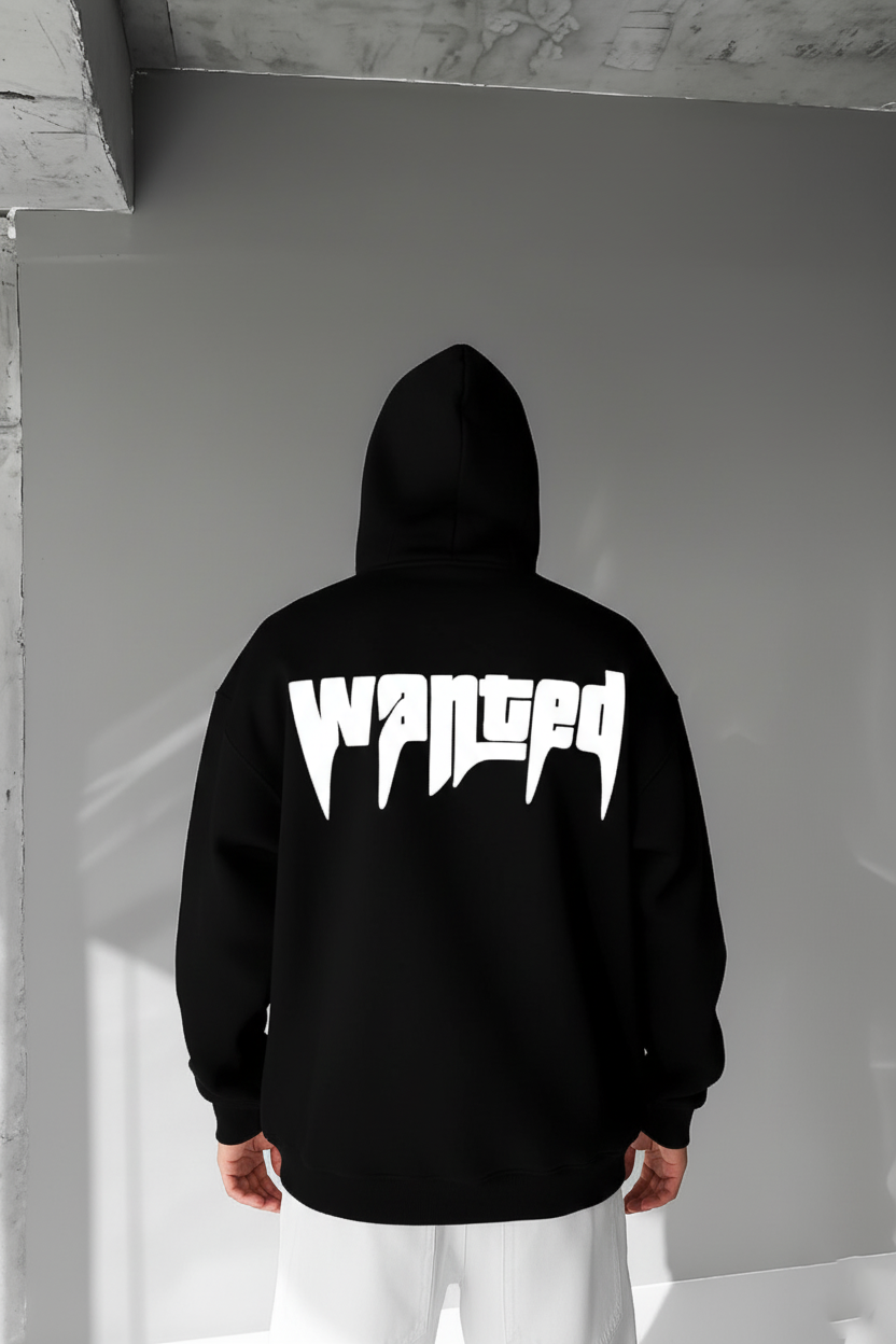 Black -wanted- Printed Oversize Hoodie