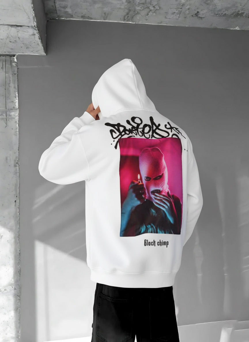 White-Raised- Printed Oversize Hoodie