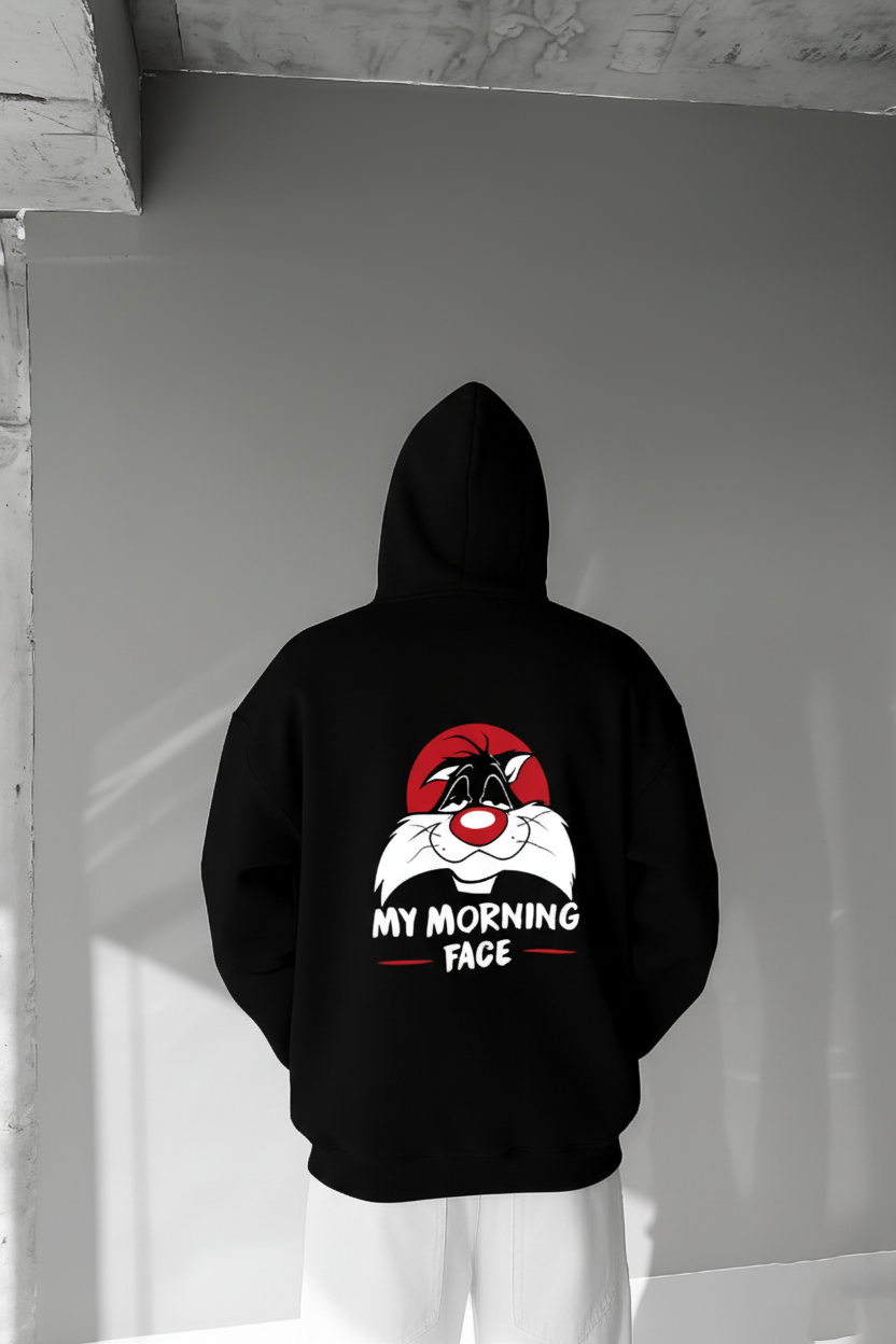 Black -Morning face- Printed Oversize Hoodie