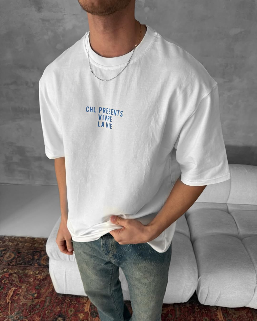 White -Vivre La Vie- Printed Oversize T-Shirt