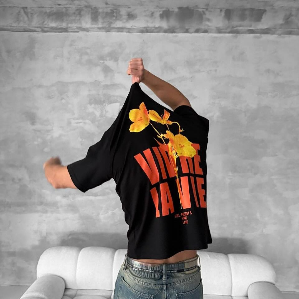Black -Vivre La Vie- Printed Oversize T-Shirt