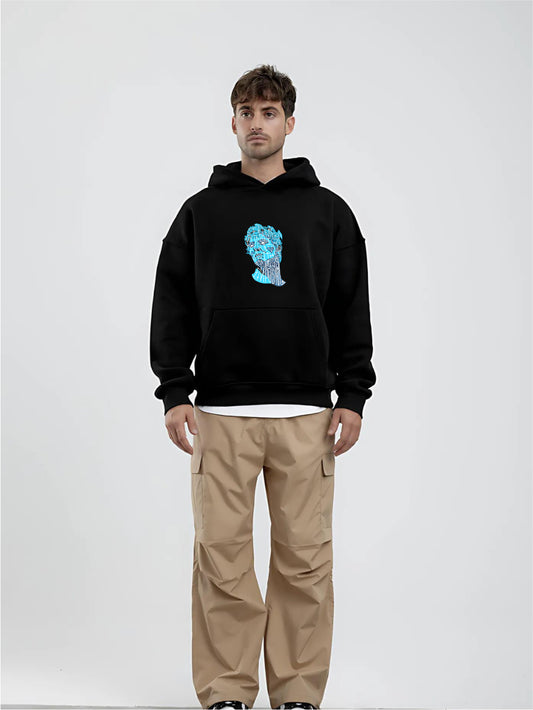 Black -Sculpture- Printed Oversize Hoodie