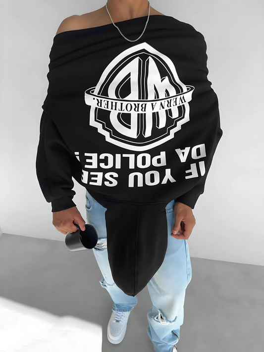 Black -police- Printed Oversize Hoodie