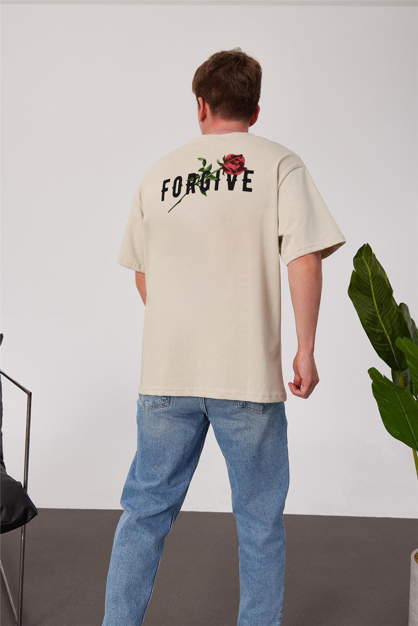 Beige -forgive- Printed Oversize T-Shirt