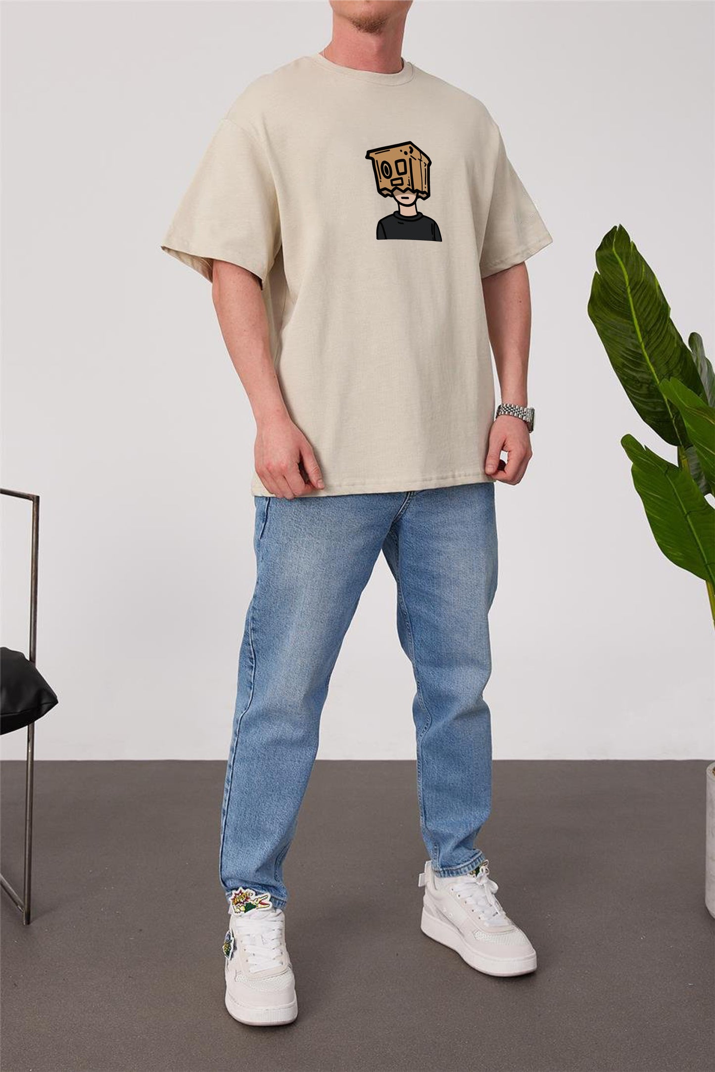 Beige -Overthinking- Printed Oversize T-Shirt