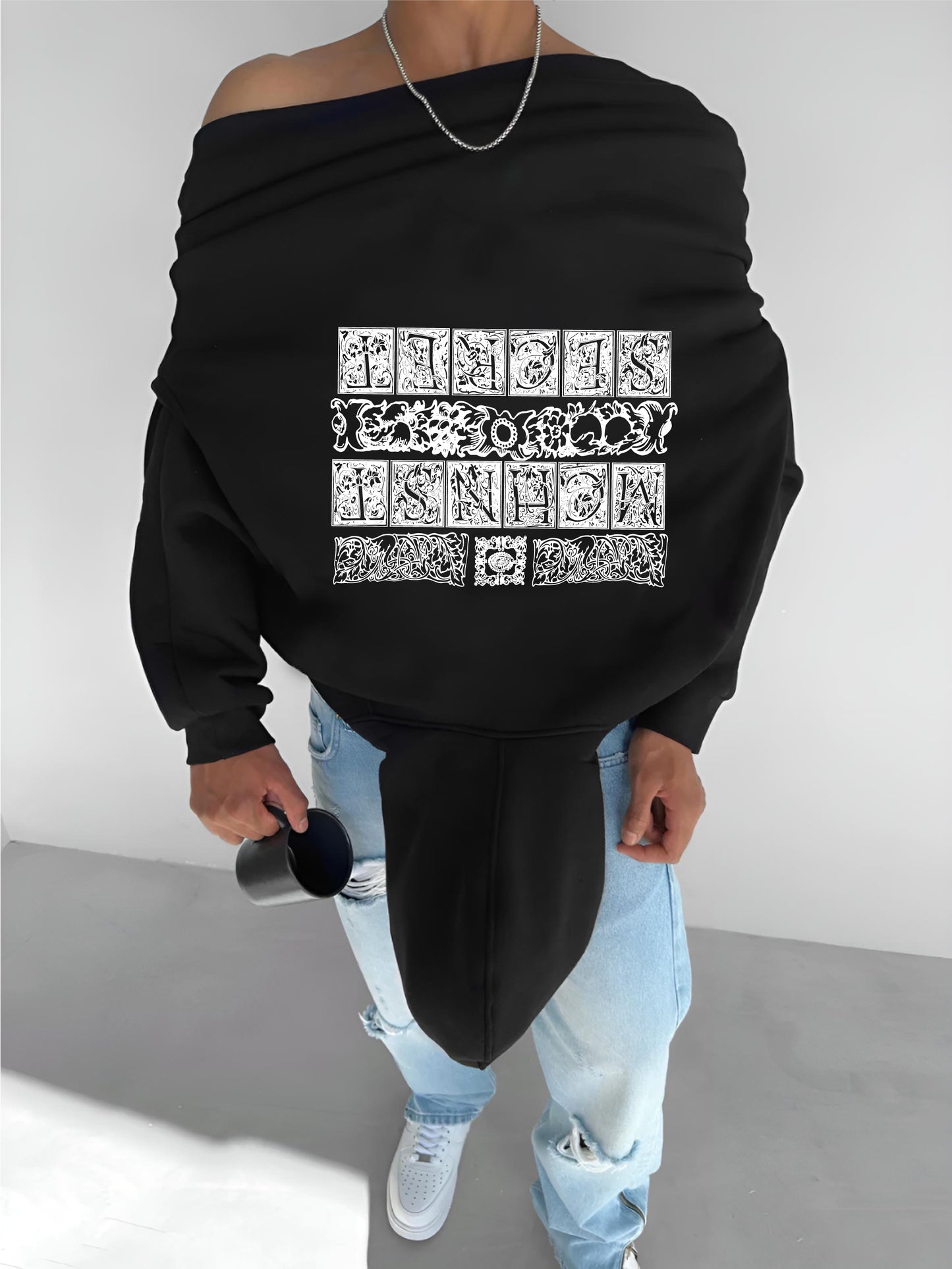 Black -machinest- Printed Oversize Hoodie