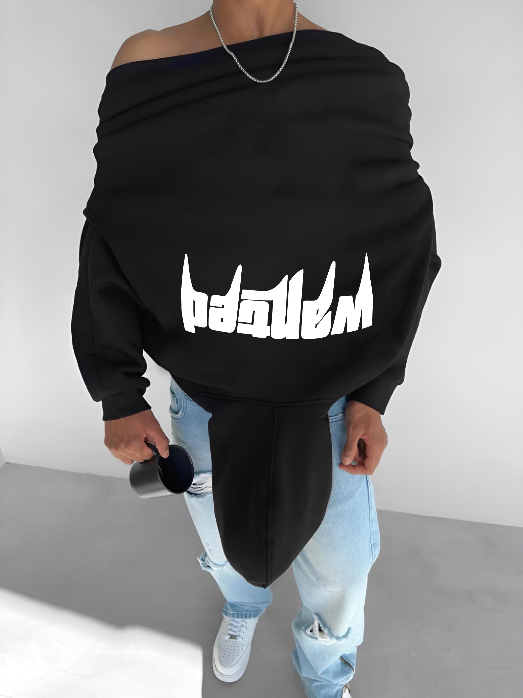 Black -wanted- Printed Oversize Hoodie