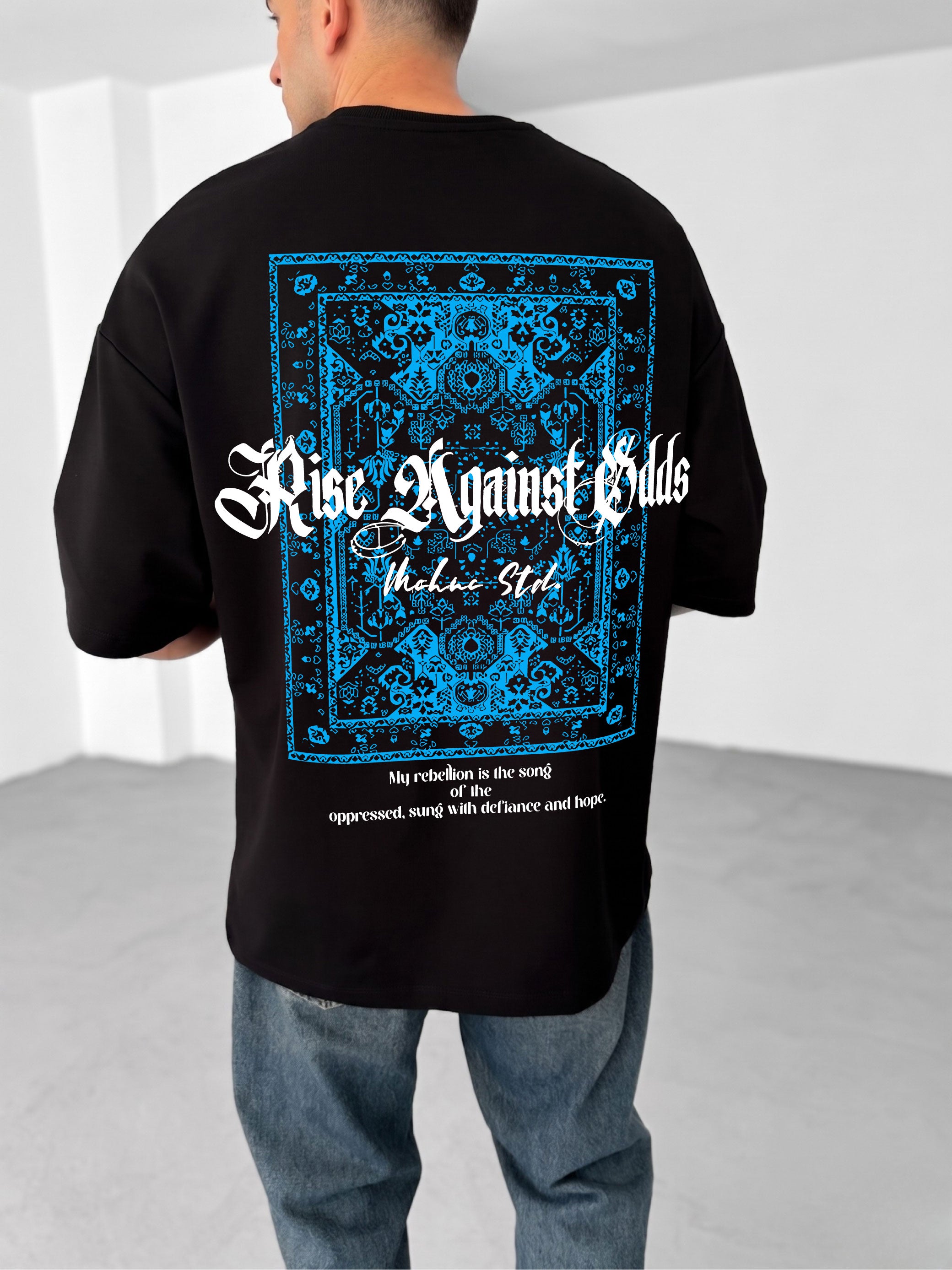 Premium Black -Blue Carpet Pattern- Printed Oversize T-Shirt