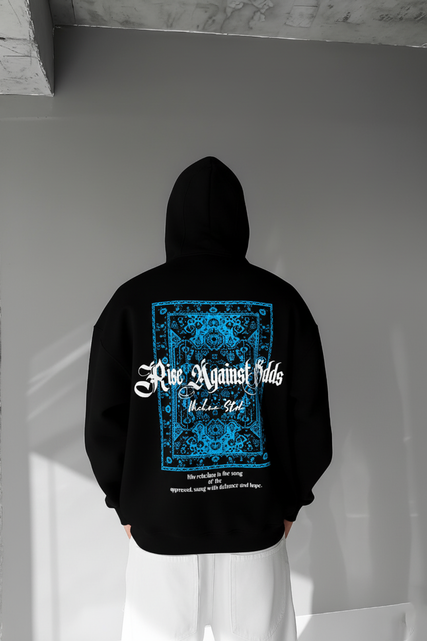 Black - Blue Carpet Pattern- Printed Oversize Hoodie