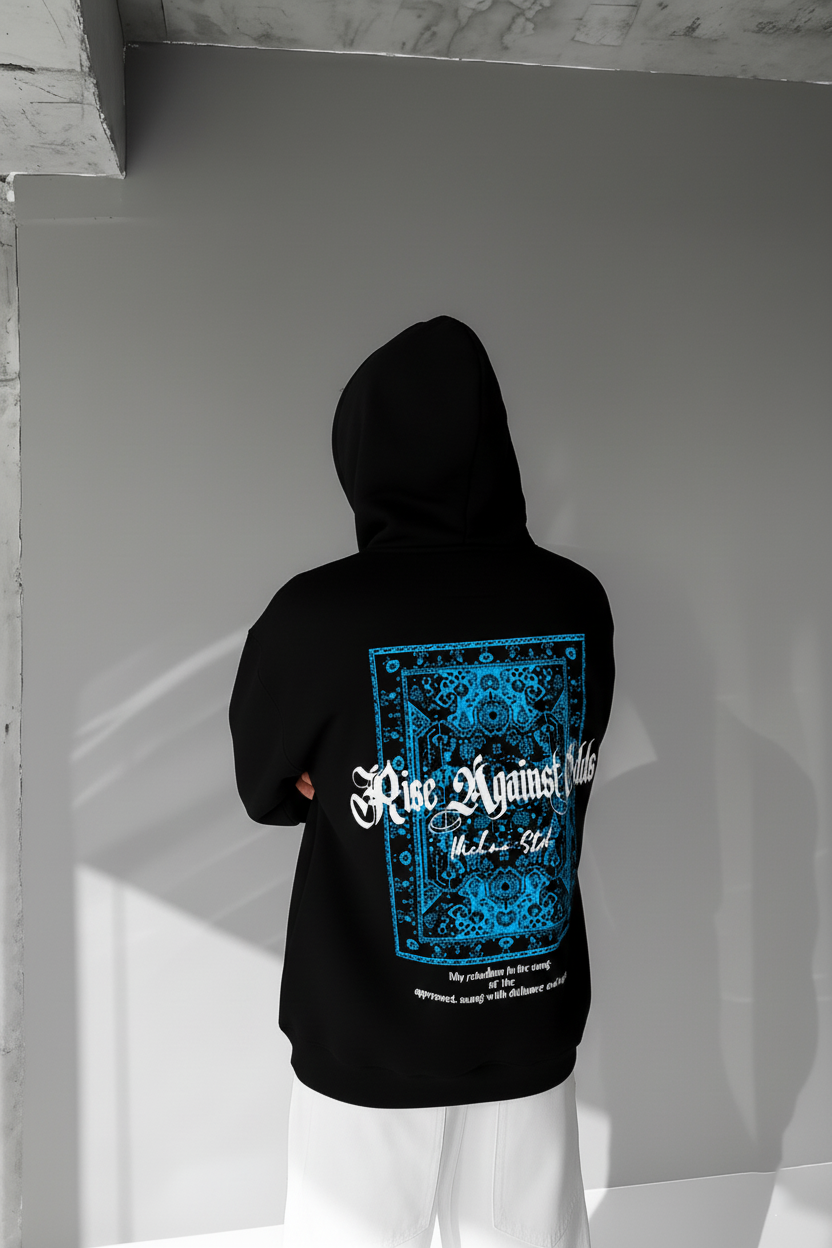 Black - Blue Carpet Pattern- Printed Oversize Hoodie