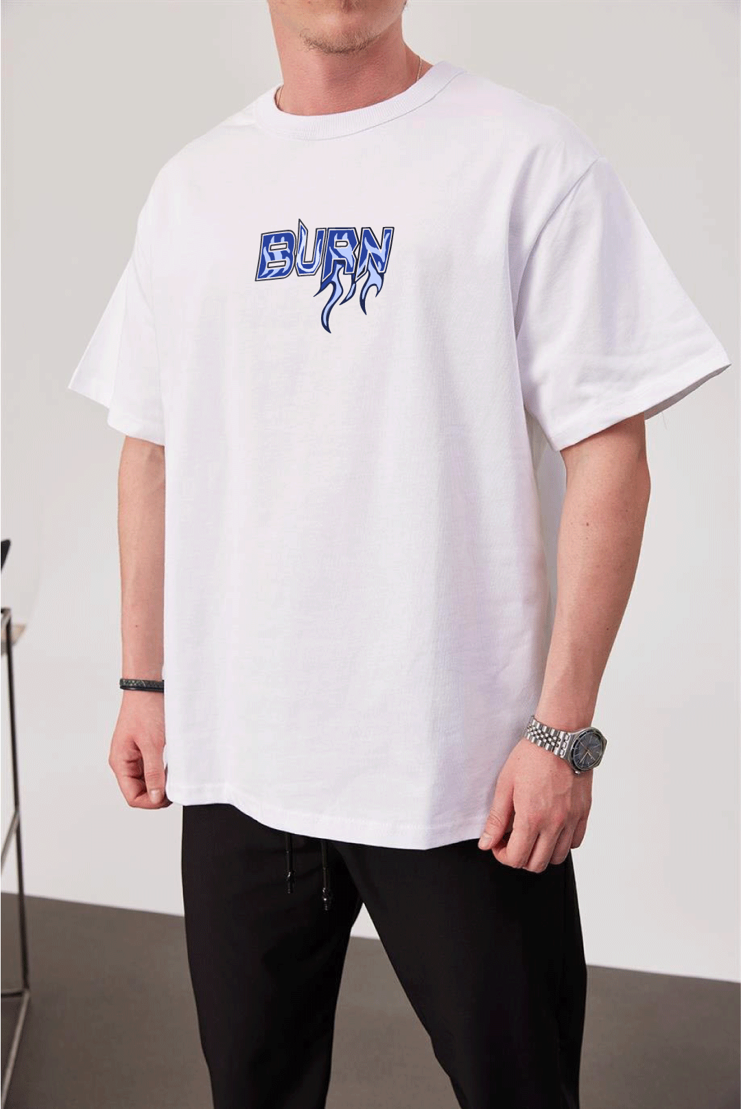 White -Burn- Printed Oversize T-Shirt