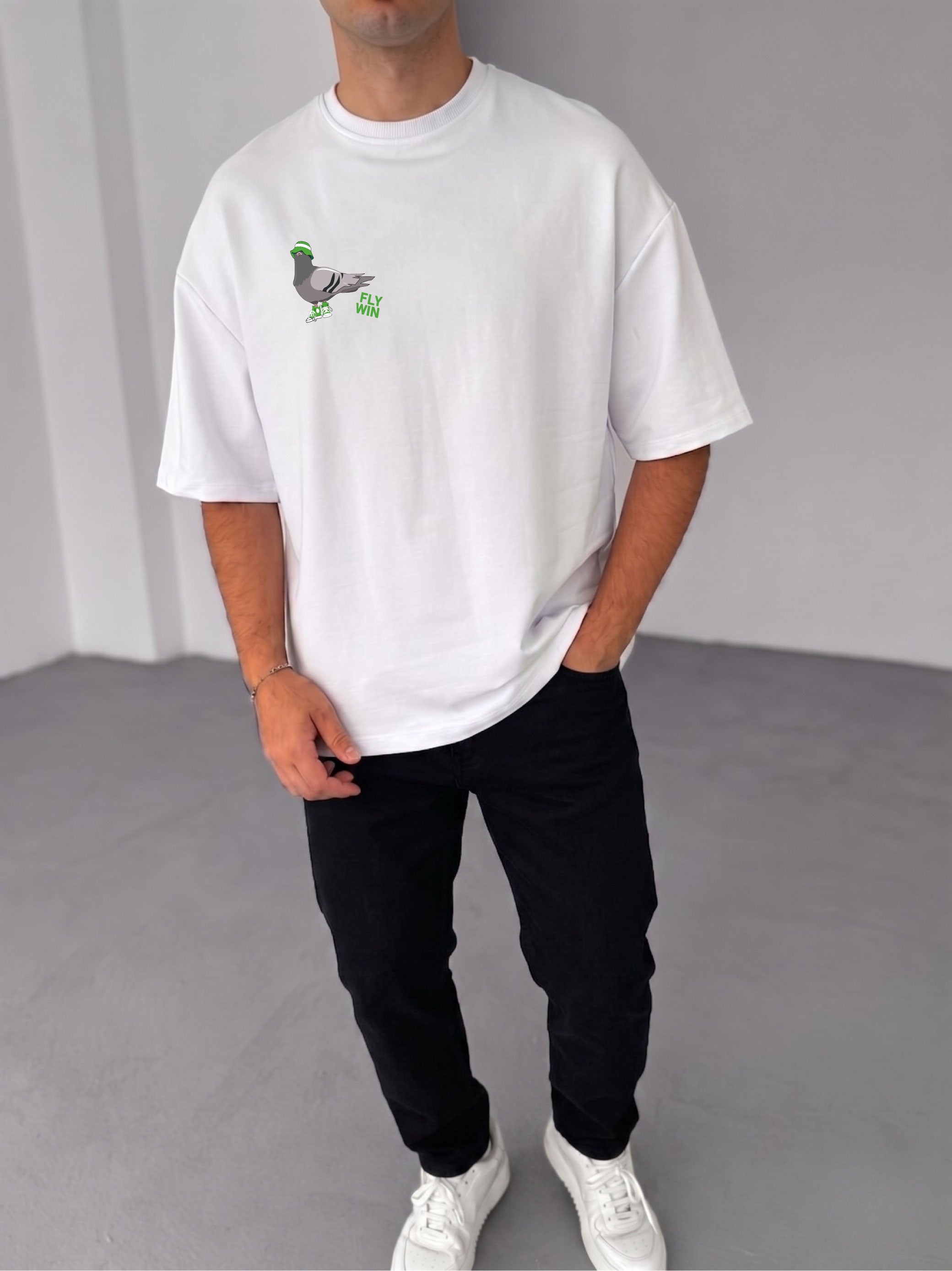 Premium White -Fly Win- Printed Oversize T-Shirt