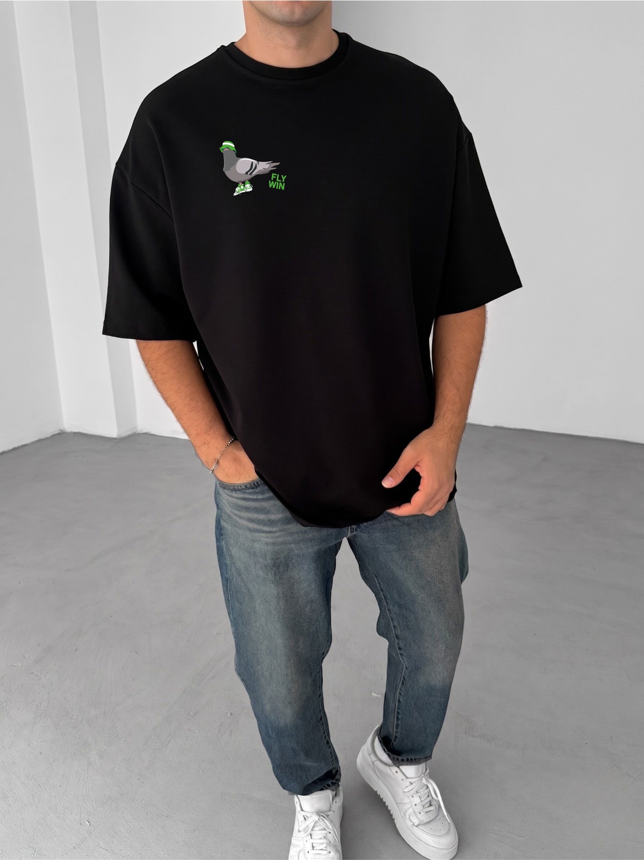 Premium Black -Fly Win- Printed Oversize T-Shirt