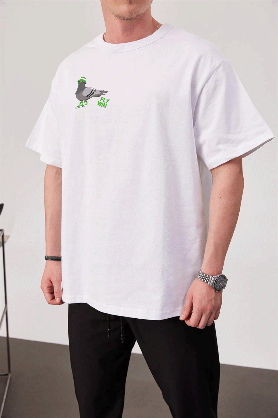 White -Fly Win- Printed Oversize T-Shirt