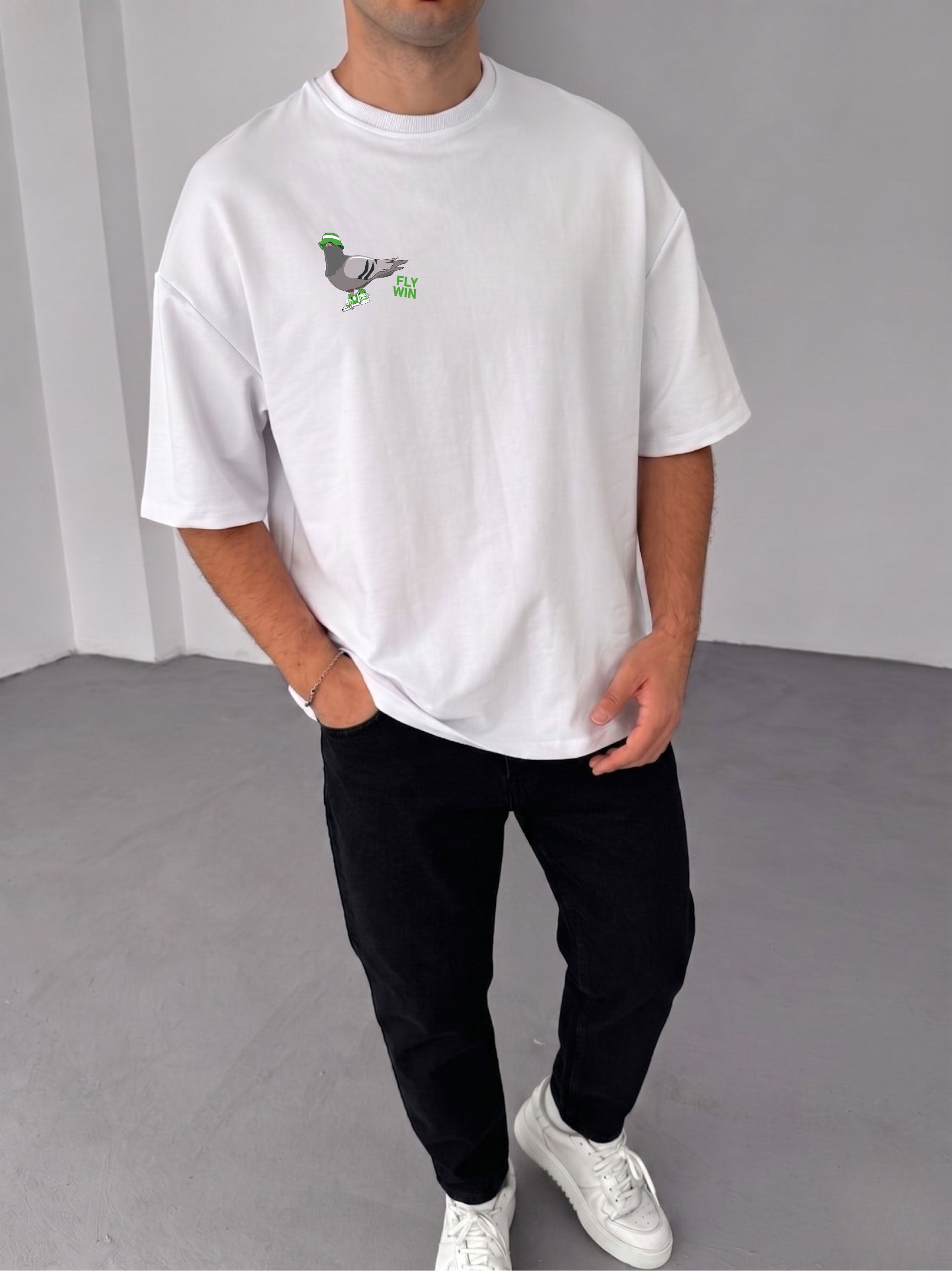 Premium White -Fly Win- Printed Oversize T-Shirt