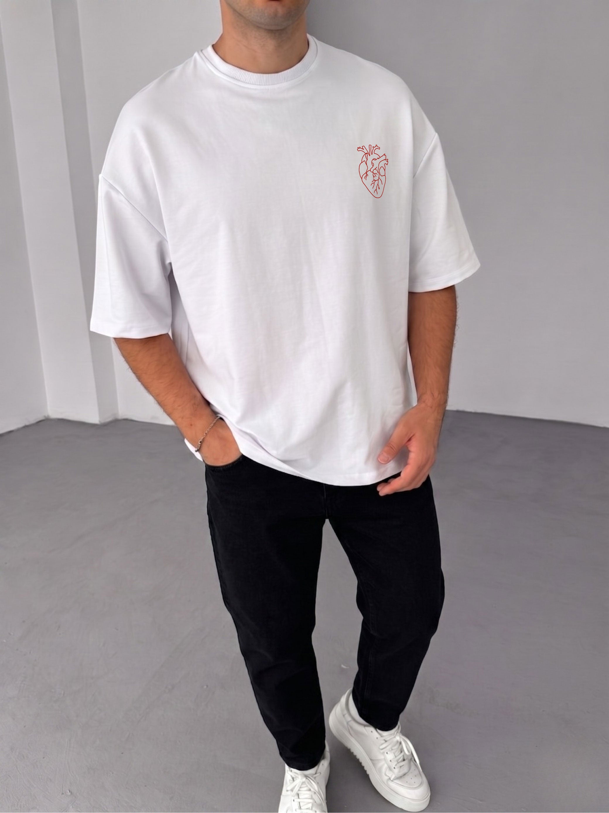 Premium White -Heart- Printed Oversize T-Shirt
